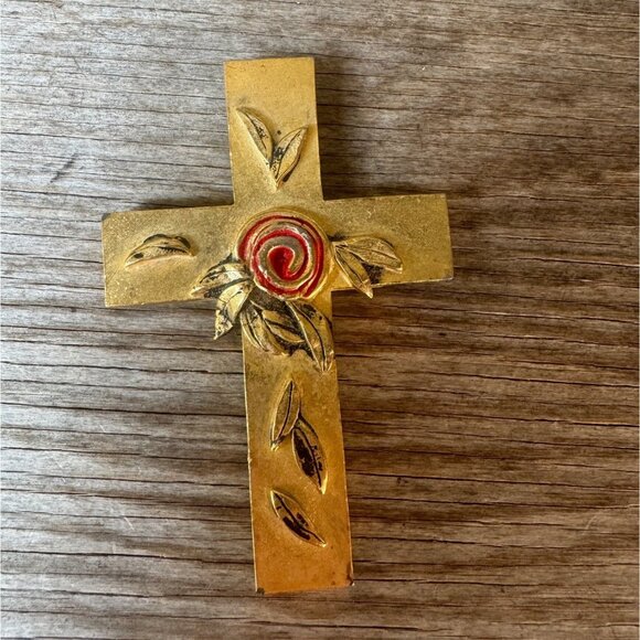 Vintage Gold-Tone Cross Pendant With Red Rose & Leaf Detailing - Don-Lin Religio - Picture 1 of 6